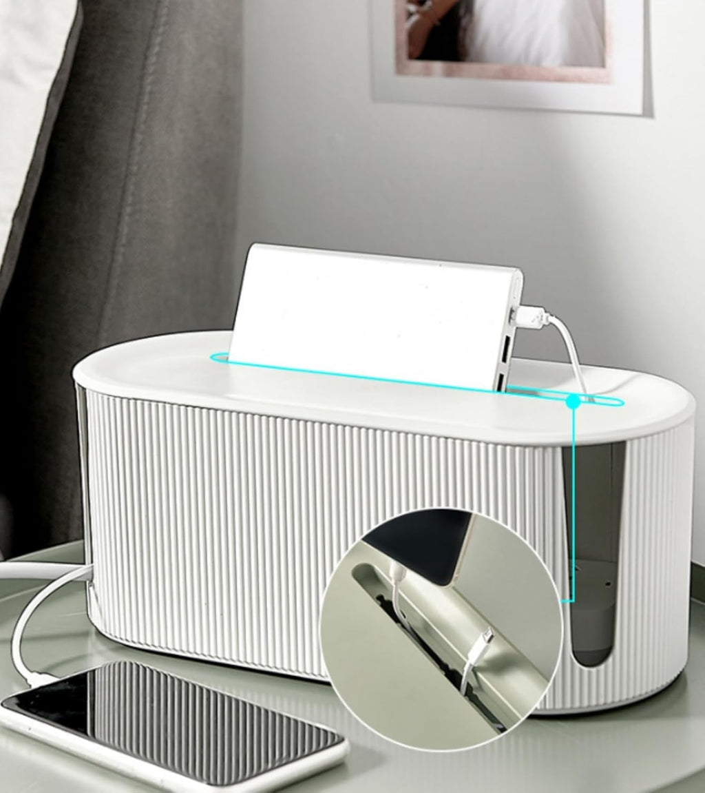 Cable Management Box,Desk Cord Organizer Box with Groove Cover,Plastic Cord Hider Box,Large Cable Box Organizer for Storaging Power Socket/TV/Computer/Router/Games Console Cable (White)