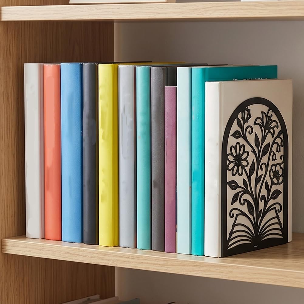 2 Pairs Books & Flowers Motifs Black Metal Bookends for Shelves