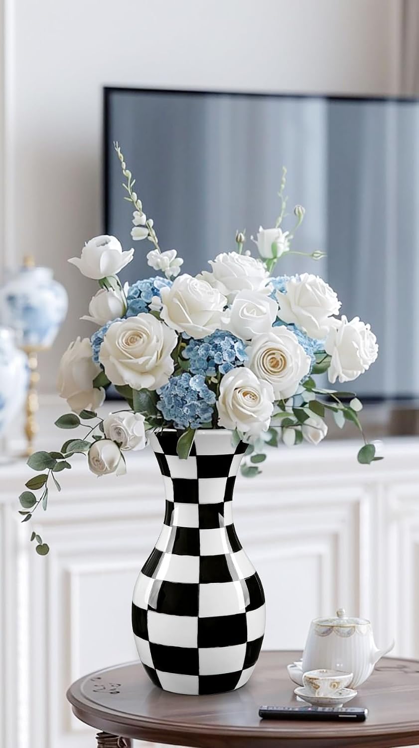 Black and White Ceramic Vase 11" Checkered Flower Vase with Wide Mouth