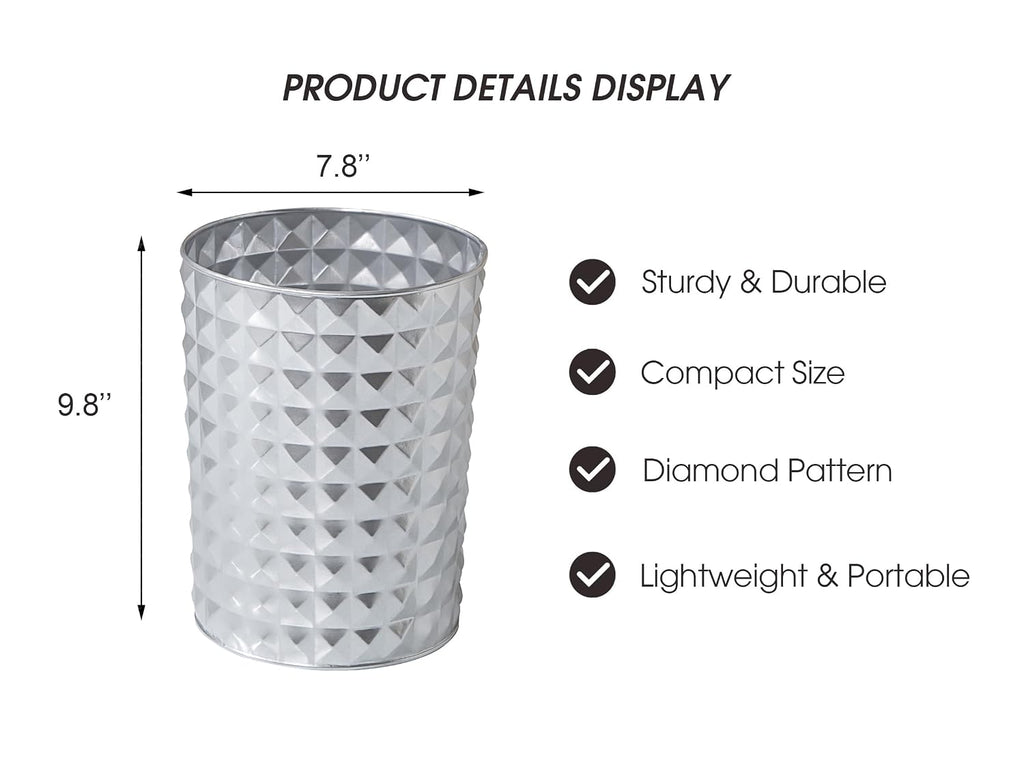 Venalys Small Round Metal Trash Can Wastebasket, Decorative Diamond Pattern Garbage Can Waste Paper Bin, Modern Farmhouse Round Trash Bin for Bathroom, Bedroom, Kitchen and Office (Silver)