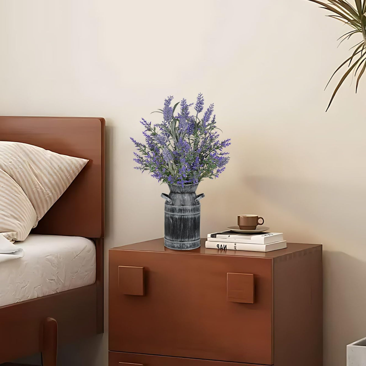 Artificial Lavender Flowers with Rustic Metal Vase 17 Inch Faux Lavender Plant Arrangement in Galvanized Planter Vintage Farmhouse Floral Decor for Home Office Kitchen Decor Wedding Table Centerpiece