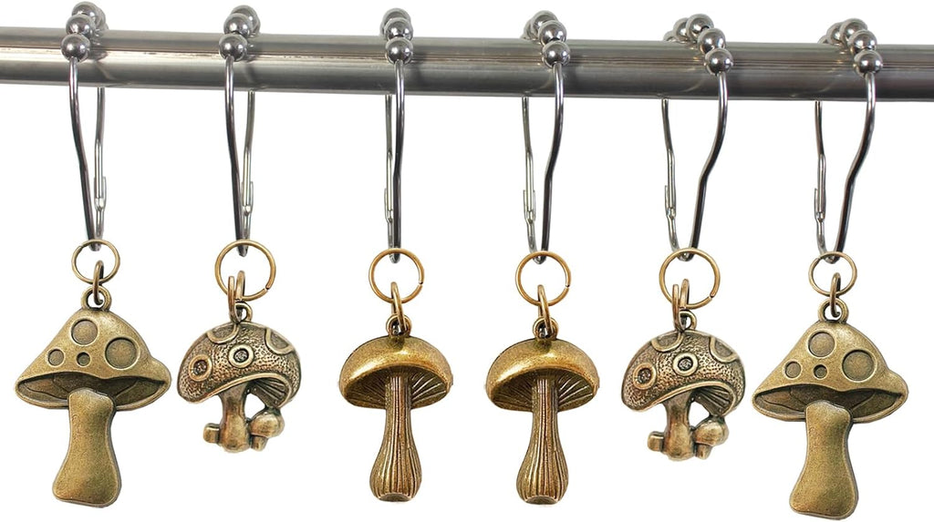 Mushroom Shower Curtain Hooks, 12Pcs Rustproof Metal Cute Retro Mushroom Shower Curtain Hooks Rings for Boho Fairy Forest Country Cottagecore Style Home Bathroom Decor (Bronze)