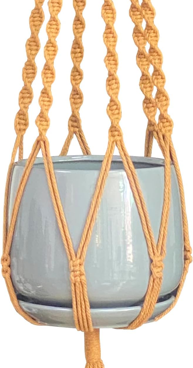 6 Legs Macrame Natural Brown Cotton Plant Hanger & Holder and Metal Ring, 51-inches Length (Without the White Pot and Plant) (Brown)