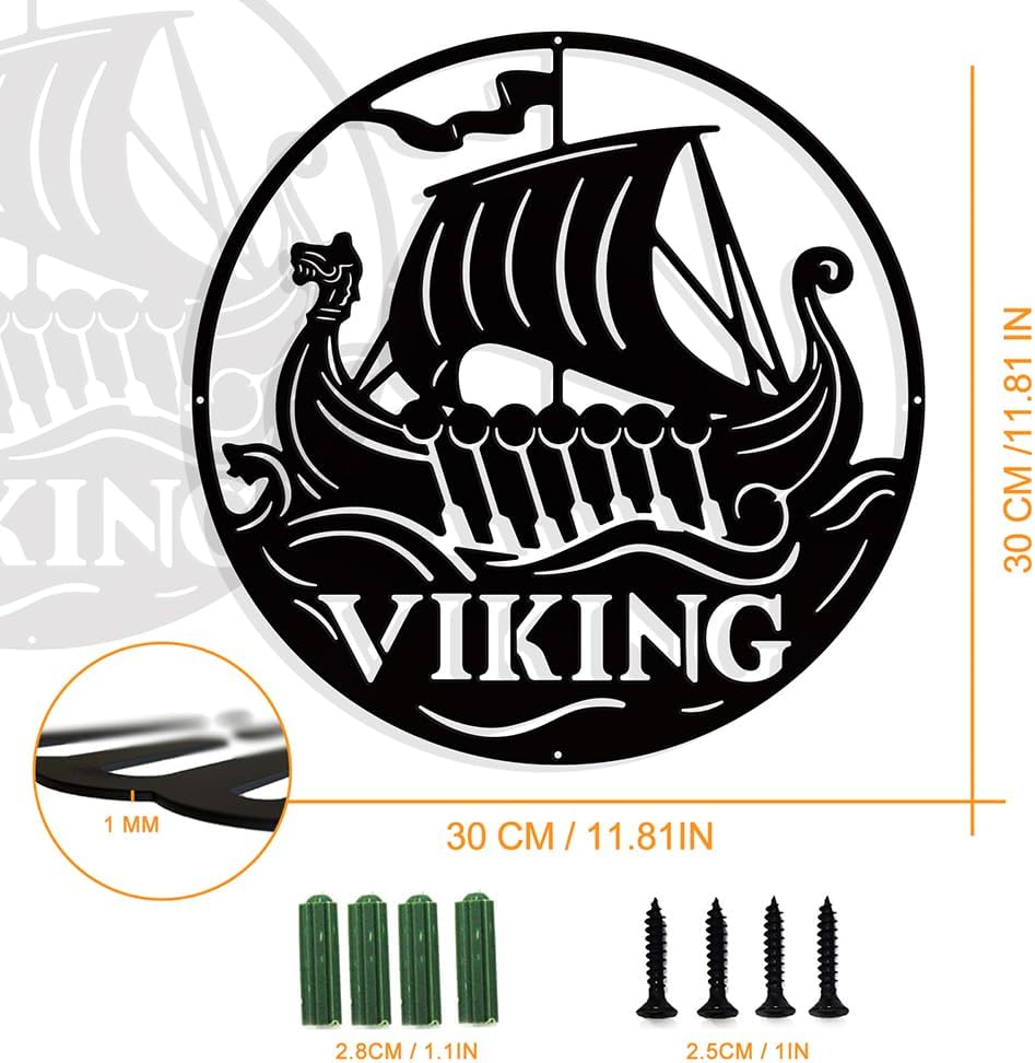 NBEADS Viking Boat Metal Wall Art Decor, Round Matte Black Wall Hanging Decor Silhouette Wall Art for Home Bedroom Living Room Bathroom Kitchen Office Hotel Wall Decoration, 11.8"(30cm)