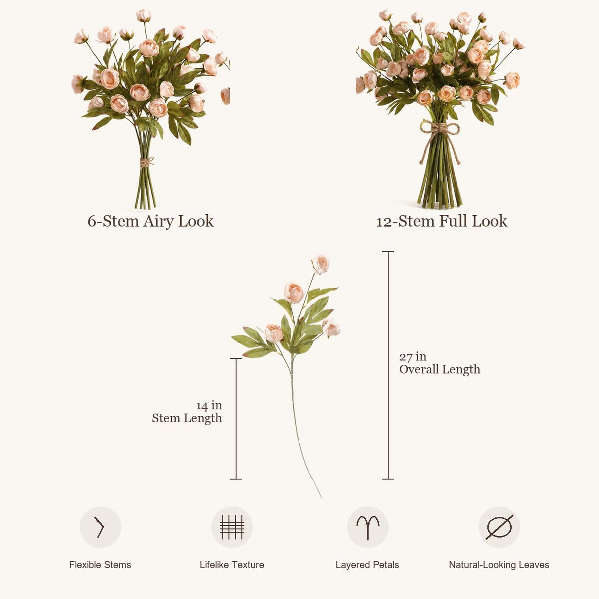 Peonies Artificial Flowers Champagne Faux Flowers for Vase Silk Flowers