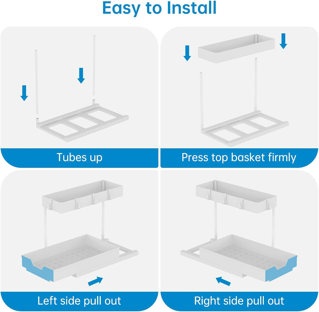 NATURE'S SOURCE 2-Tier Under Sink Organizers and Storage 2 Pack Sliding L-shape Under Cabinet Organizers For Narrow Space Multi-purpose Sink Organizer for Bathroom Kitchen Drawer(White 2 Pack)