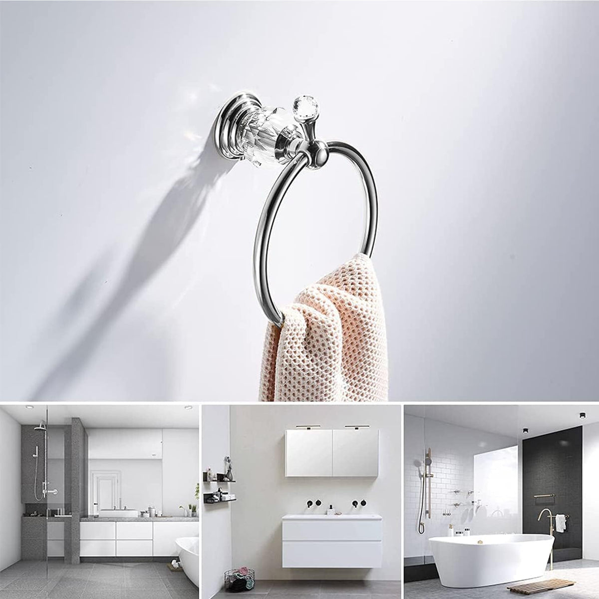 WOLIBEER Crystal Towel Hook, Chrome Towel Ring Toilet Paper Holder Hand Towel Holder Tissue Roll Paper Holder Towel Hanger Silver Bathroom Accessories 2 Pieces Wall Mounted