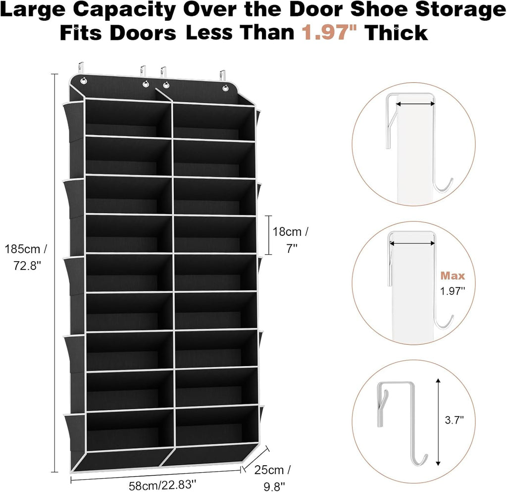 VTRIN 30 Pairs Over the Door Shoe Organizer, Large Capacity 10-Tier Hanging Shoe Organizer with 20 Deep Pockets for Sneakers Boots Heels, Space Saving Shoe Rack for Door with 10 Side Pockets, Black