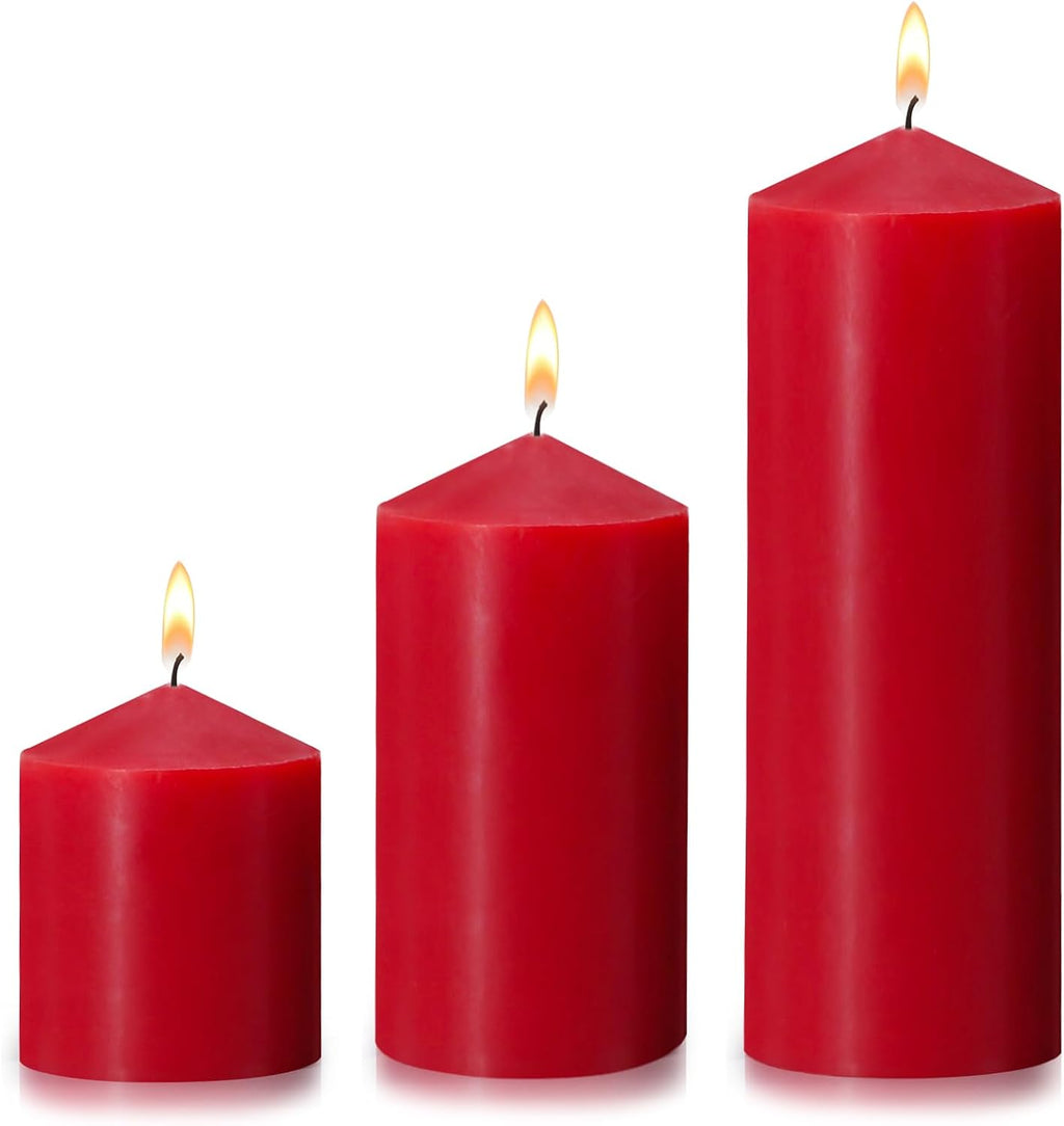 Pillar Candles 3 x 4, 6, and 8 inches, Large Handmade Candles Set of 3, Red Decorative Candles for Wedding, Home Decoration, Dinner, Church