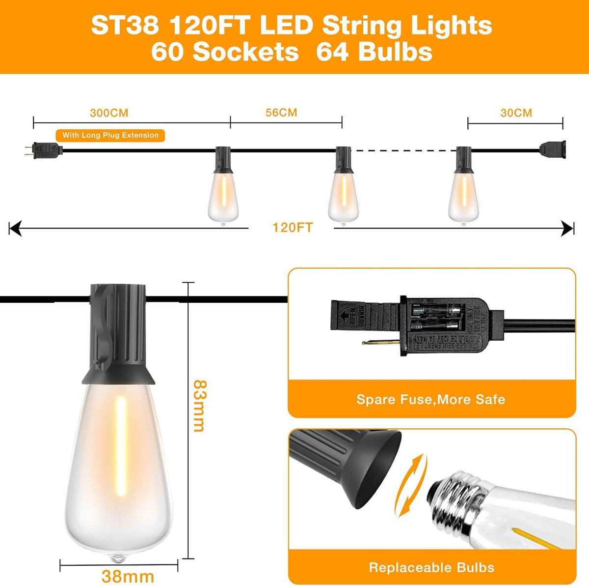 GLUROO String Lights for Outside 120FT, 60+4 Pcs Vintage Bulbs LED Outdoor Edison String Lights Waterproof, Shatterproof Connectable Patio Lights Outdoor, Dimmable Hanging Lights for Backyard,Bistro