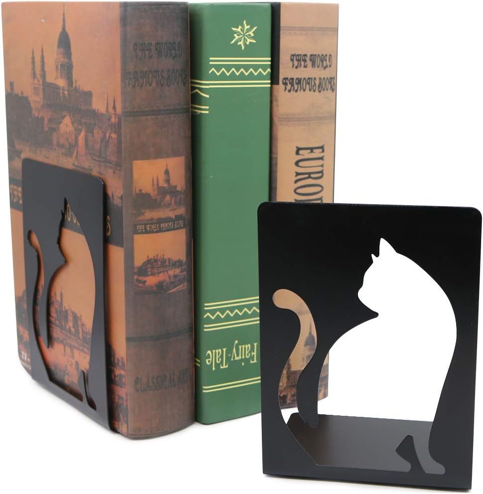 Unique Hollow Out Design Cat Bookends Student Book Ends Metal Office Desk School Library Decoration Bookshelf Book Organizer for Christmas Birthday Gift