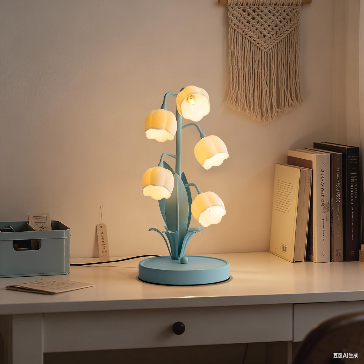 WERFOP Flower Table Lamp, Lily of The Valley Lamp for Bedside Accent 3 Color Modes Cottagecore Soft Reading Night Light for Bedroom, Corner, Dorm, Entrance Home Vintage Decor (Powder Blue)