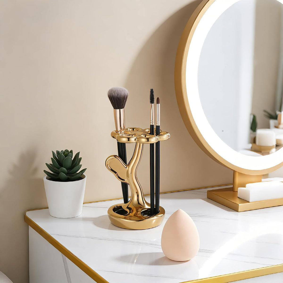 Flower Ceramic Tooth Brush Holders for Bathroom, Upgraded Large Slots Toothbrush Holder Organizer for Manual Brushes & Art Paintbrushes, Aesthetic Vanity Decor, Non-Tip Sturdy Base, 6 Slots（Golden）