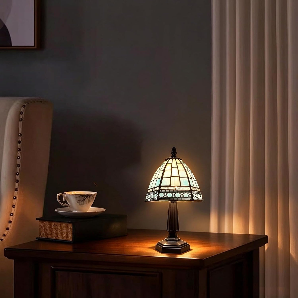 Small Tiffany Style Table Lamp,3 Color Temperature Grid Blue Stained Glass Table Lamps,Bedside Nightstand Night Light for Bedroom,Living Room, Dining Room W/LED Bulb,6X6X13Inch