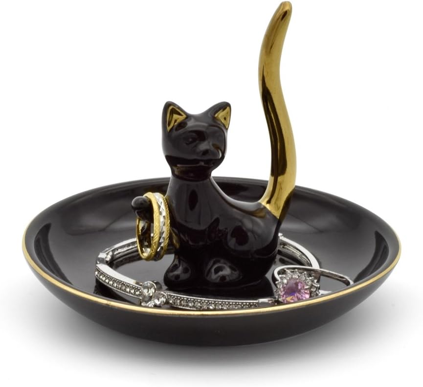 Happy Cat Posture Ring Holder Jewelry Storage Dish Trinket Tray Decorative Black/Golden Tail.