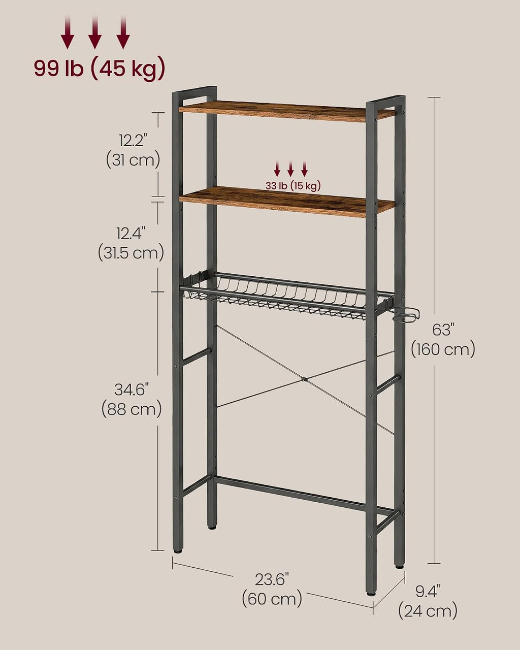 VASAGLE 3-Tier Over the Toilet Storage, Adjustable Shelves, Basket, 63''H