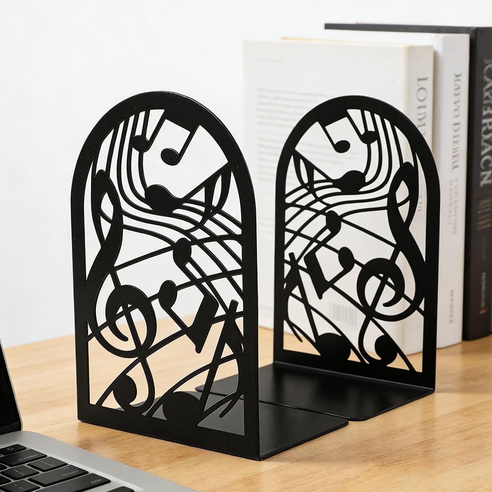 Music Note Book Ends, Heavy Duty Metal Bookends for Shelves