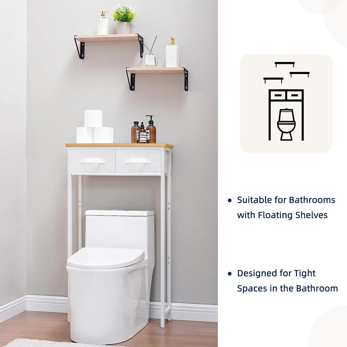 MOHOPE 2-Tier Over The Toilet Storage with 2 Fabric Drawers, Freestanding Above The Toilet Storage Cabinet, Space Saver Metal Over Toilet Bathroom Organizer Shelf for Small Space, Natural and White
