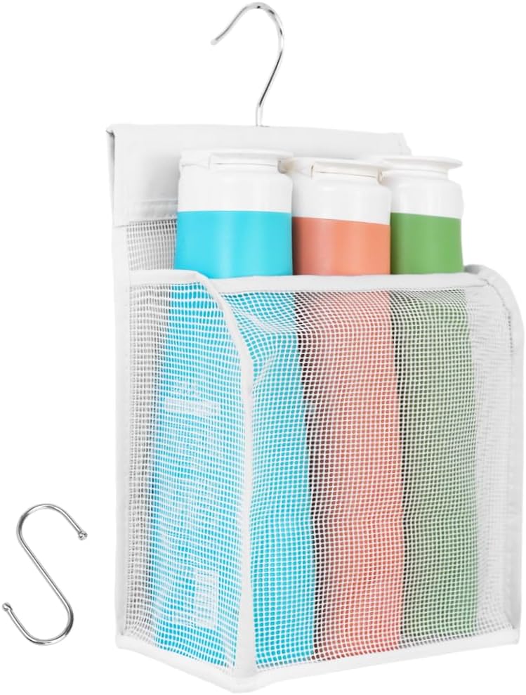 ALYER Hanging Mesh Shower Caddy Organizer Bathroom Storage Bag with Hooks for College Dorm, Gym, Swimming,RV and Travel,White