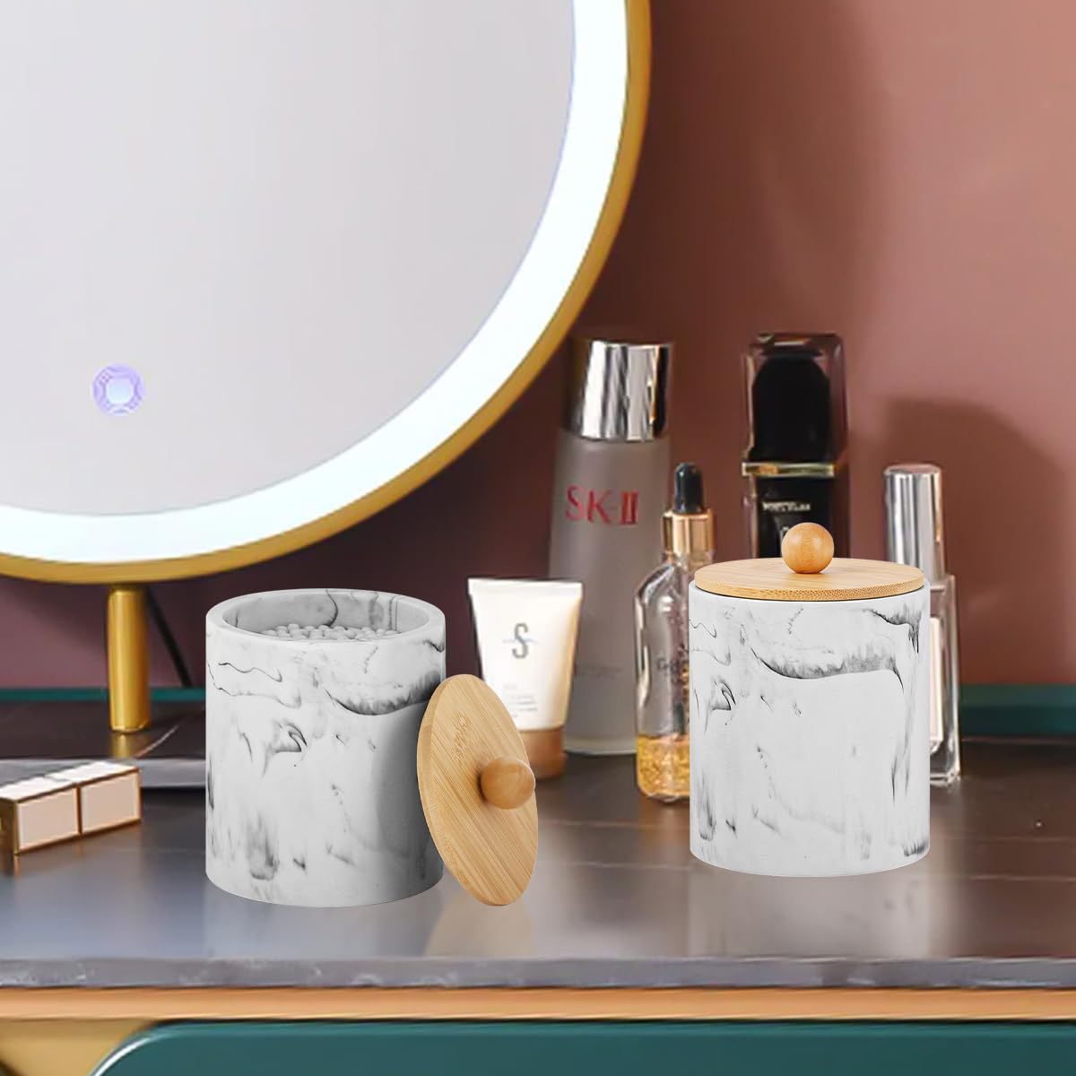 Bathroom Qtips Jars with Lid,Vanity Cotton Swab Holder,Resin Apothecary Dispenser Container,Marble Makeup Sponges Canister,Bath Salts Storage Organizer Box (Marble White with Bamboo Lid of 2)