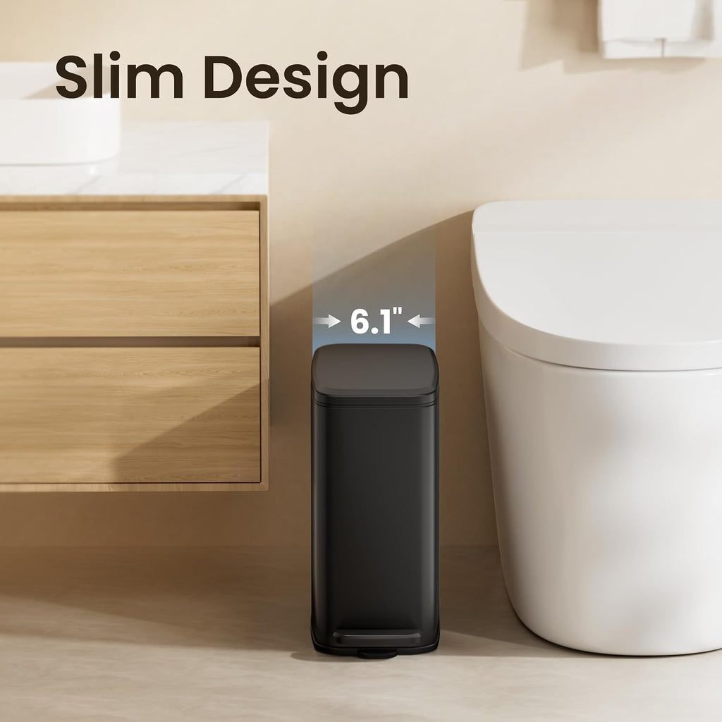 Cesun Slim Bathroom Trash Can with Lid, Soft Close, Black, 6L/1.6 Gallon