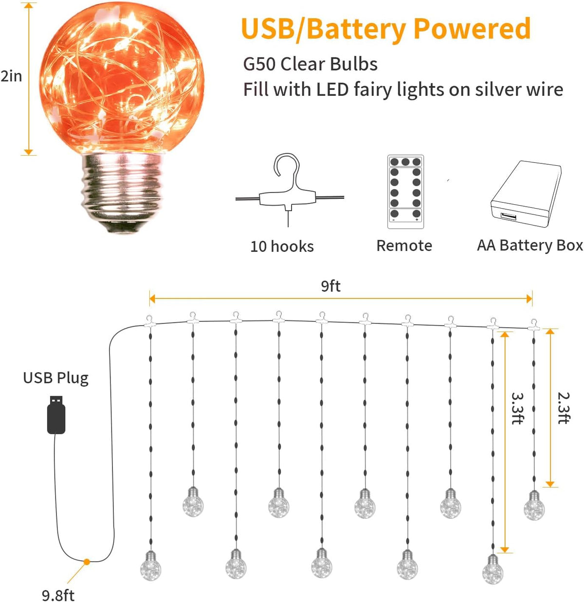 YOLIGHT Wishing Ball Curtain Lights 9.8 x3.3 ft, USB/Battery Powered