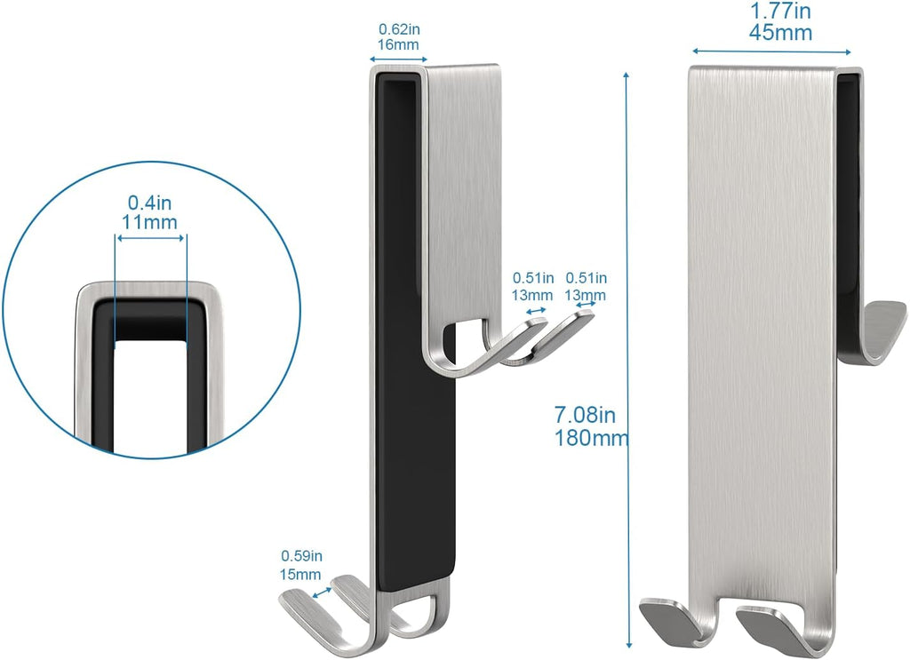 Double-Sided Over The Door Hooks 2-Pack - for Frameless Glass Showers, Heavy Duty No Drill Organizer for Towels Robes, Space Saving Silver