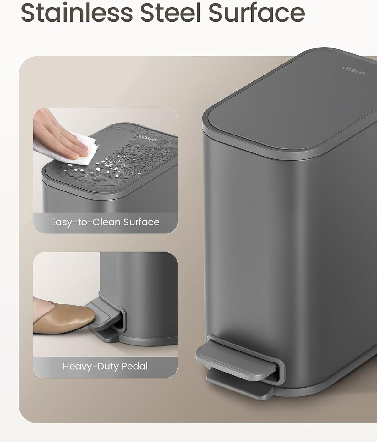 Cesun Small Bathroom Trash Can with Lid Soft Close & Pedal, 1.3 Gal, Gray