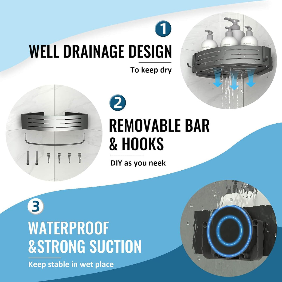 Onemake Corner Shower Caddy with Suction Cups, 2-Pack Shelves for Bathroom