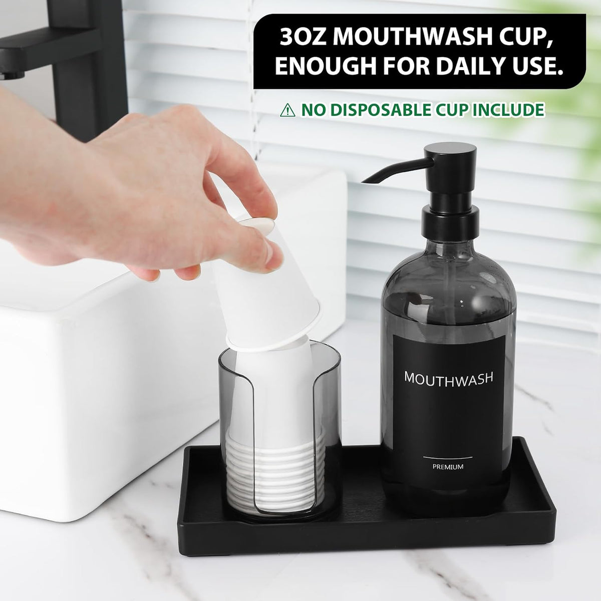 Mouthwash Dispenser for Bathroom, Glass Mouth Wash Pump Dispenser with Cup Holder, 17 Fl Oz Mouthwash Bottle Decanter with Tray, Refillable Mouthwash Dispenser Container (Clear Black)