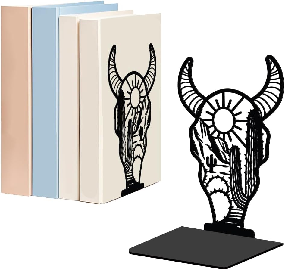 WADORN 1 Pair Western Cow Skull Metal Decorative Bookends, Vintage Cow Head Heavy Duty Book Stand Black Non-Skid Book Holder Stopper for Home Office School Library Desk Bookshelf Dorm Western Decor