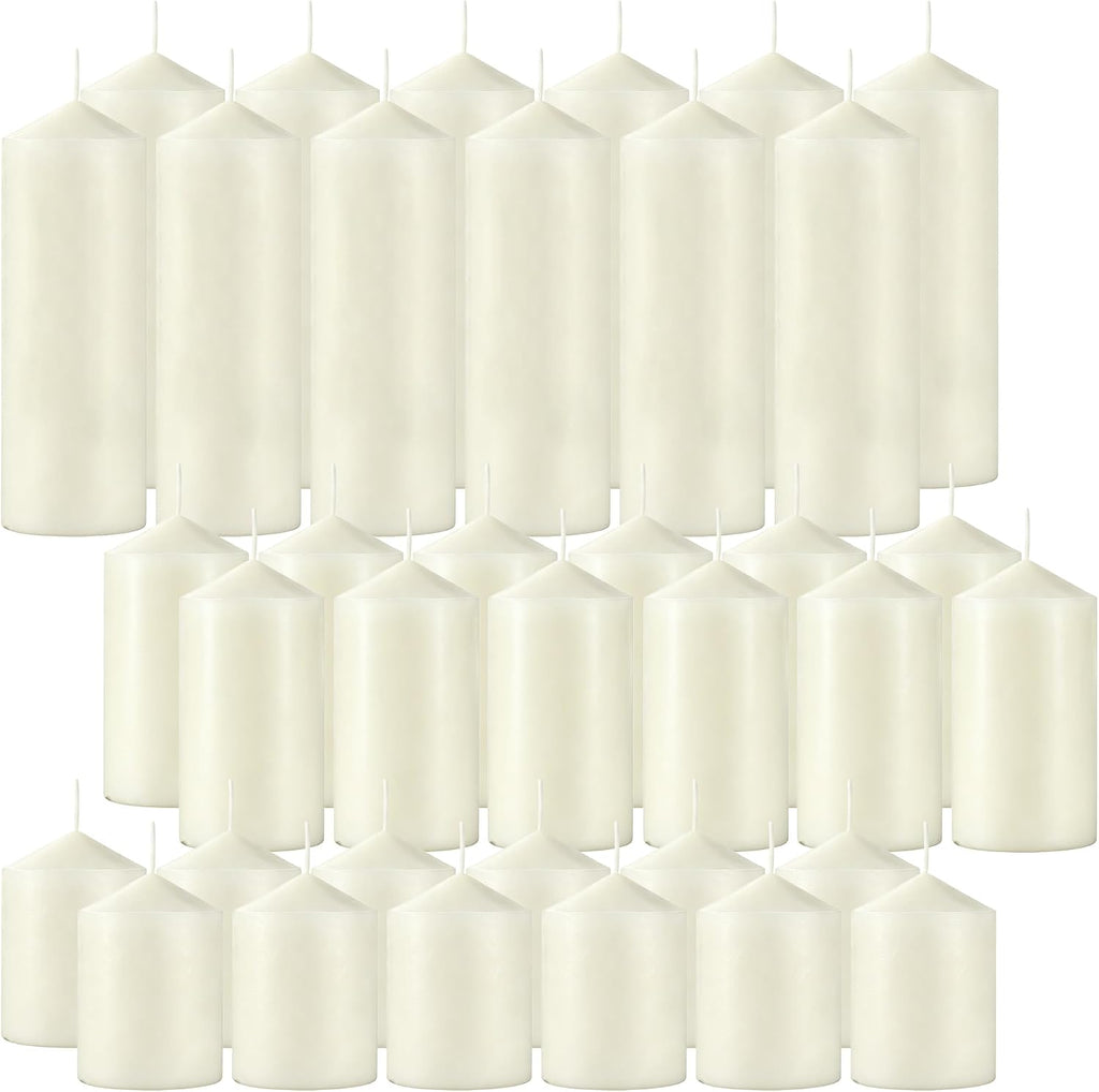 36-Pack Ivory White Pillar Candles Bulk Set, 2x3, 2x4, 2x6 Inch