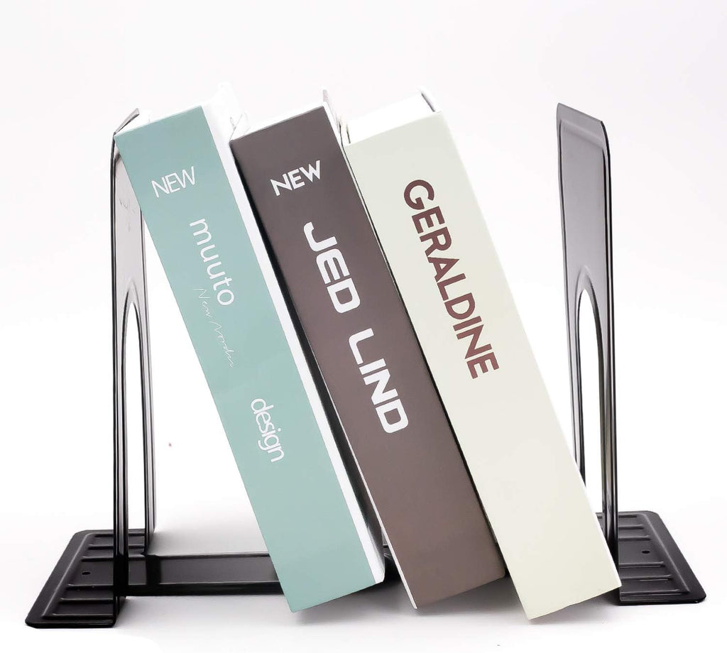 8 Pairs 16 Pieces 8.3 x 5.1 x 6.5 Inch Metal Bookends, KINJOEK Heavy Duty Book Support with Anti Slip Pads for Books, Magazines, DVDs, Perfect for Home, Office, School, Library, Black