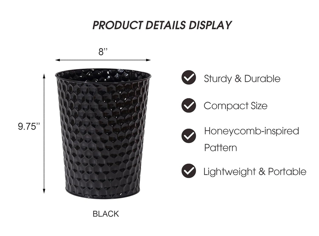 Venalys Small Metal Trash Can Wastebasket, Decorative Honeycomb Garbage Can Waste Basket, Modern Farmhouse Round Trash Bin for Bathroom, Bedroom, Kitchen and Office (Black)