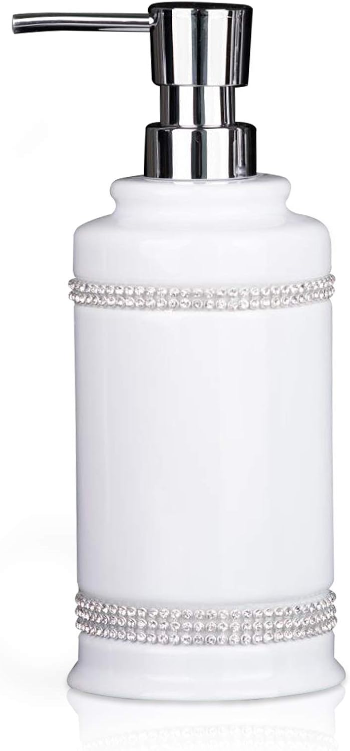17 OZ Hand Liquid&Lotion Soap Dispenser Pump Bottle Ceramic White for Kitchen Bathroom Countertop Laundry Room Holds Dish Soap Shampoo Laundry Liquid Shower Gel (Inlaid Rhinestone) (White1)