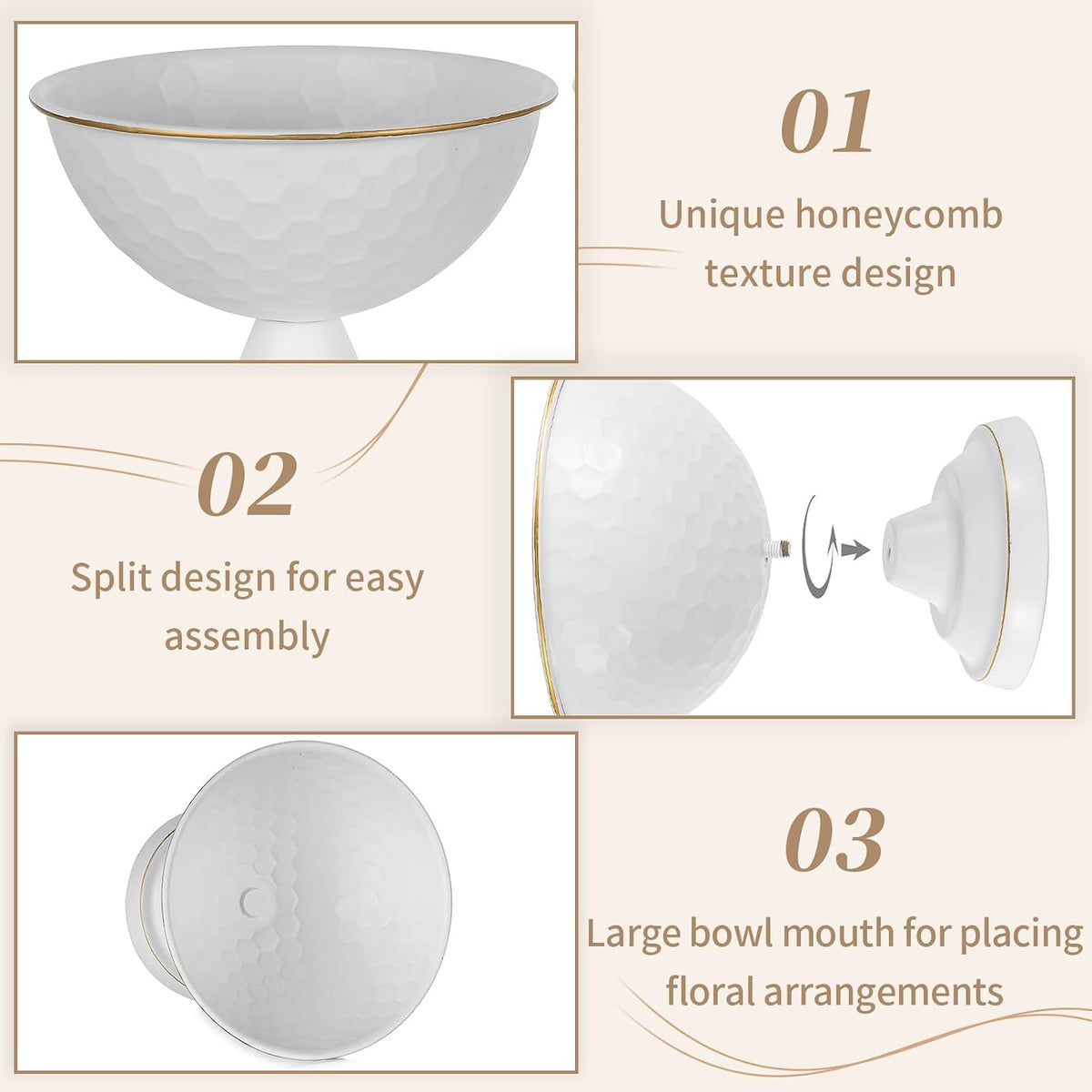 Sziqiqi White Urn Vase Wedding Centrepiece, Honeycomb Compote Vases, 2Pcs