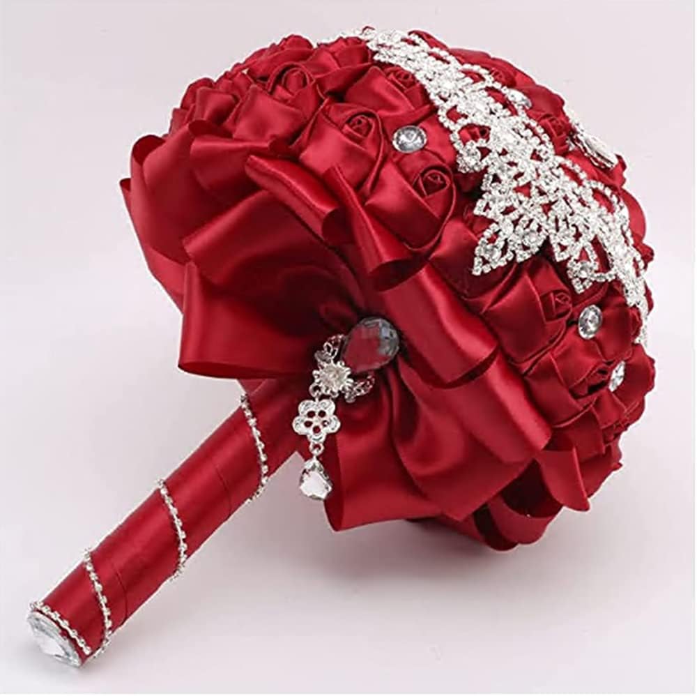 Handmade Luxury Wedding Bridal Bouquet Large Silk Rose Holding Toss Artificial Flowers Bouquets with Satin Ribbon Pearls Rhinestone for Bride Vintage Royal Wedding Bouquet (Red)