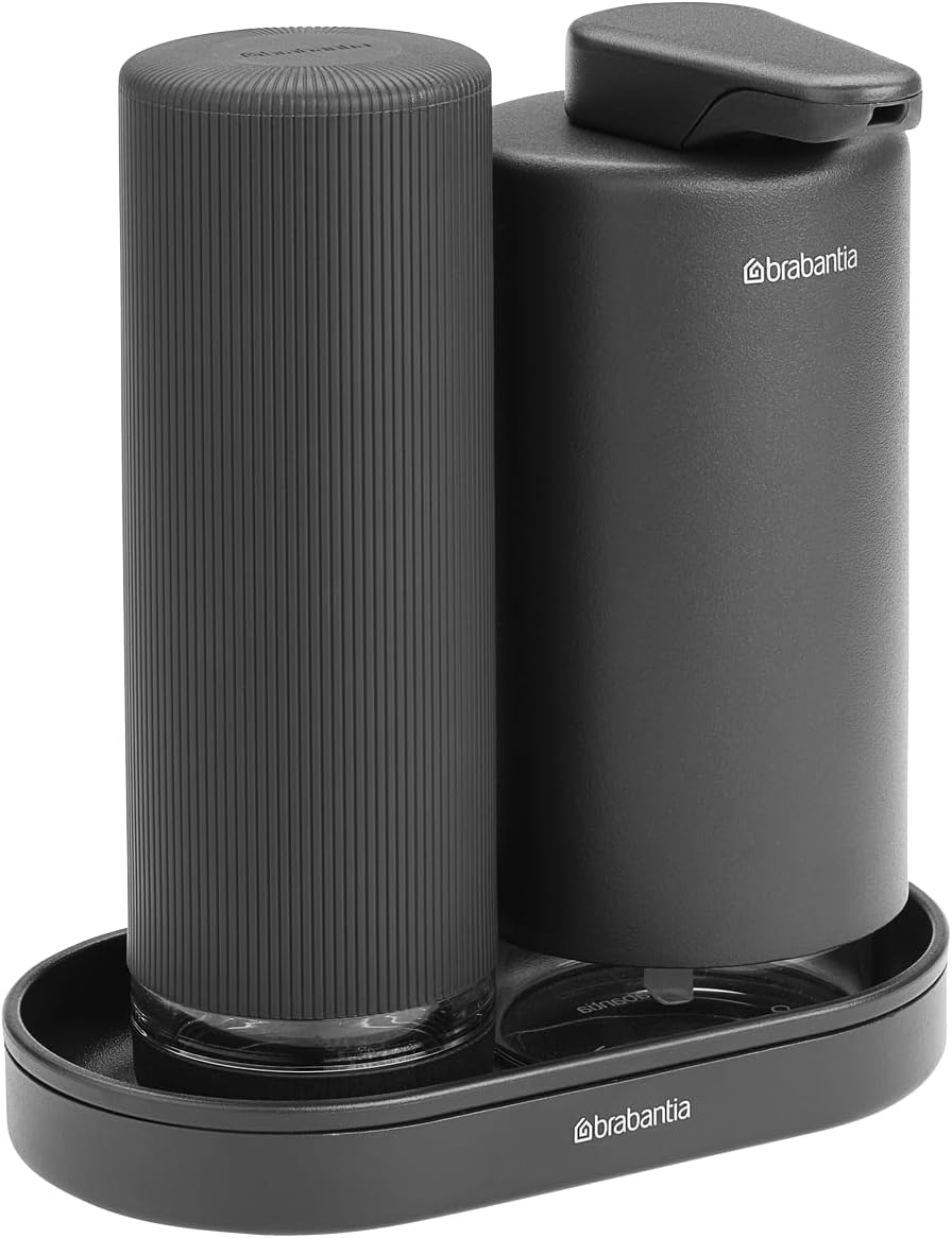 Brabantia - SinkStyle Soap Dispenser Set with 2 Stylish Dispensers for Hand and Dish Soap, Textured Tray, and Soap Squeezer – Mineral Infinite Gray, 2 x 6.8oz