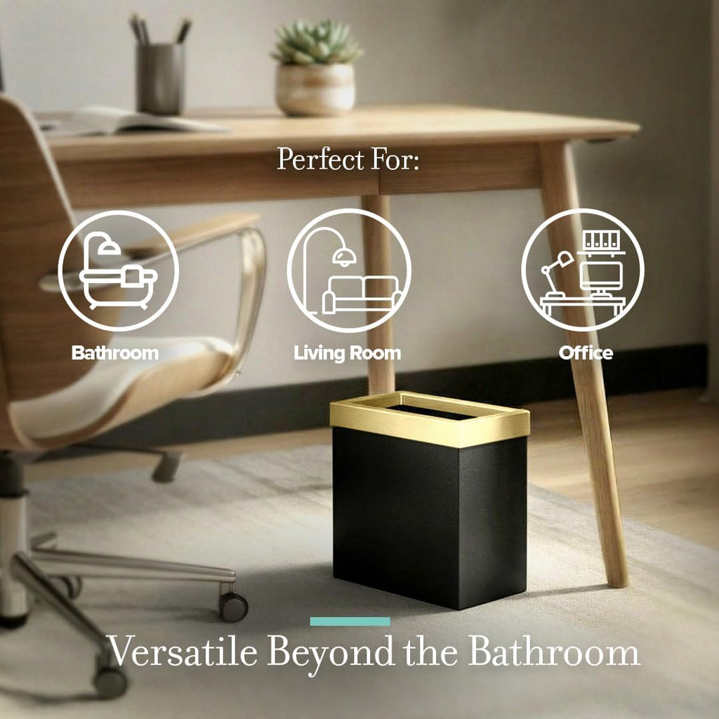 Gatco Small Bathroom Trash Can With Lid, Rectangle 3 Gallon Stainless Steel Wastebasket, Under Sink, Matte Black And Brushed Brass, For Bathroom, Bedroom, Office (1938)
