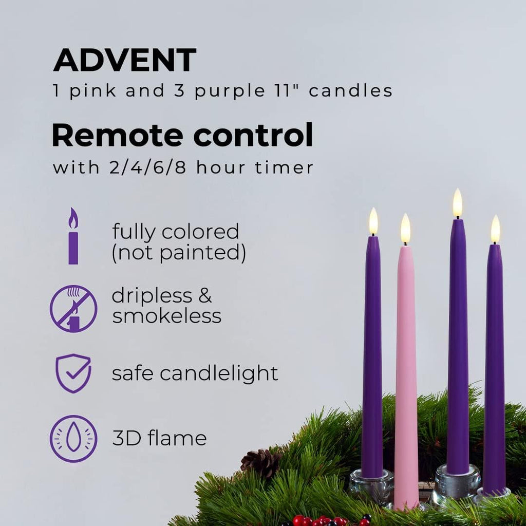 Stmarry Flameless Advent Candles, Set of 4 - Flickering LED Flame, 11 Inch Taper Candlesticks, Remote Controlled, Purple and Pink for Christmas Wreath