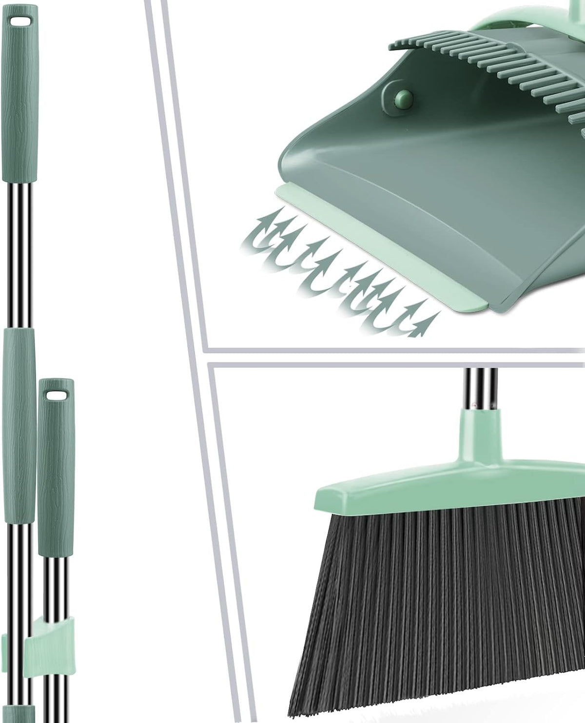 Ivandar Broom and Dustpan Set for Home, Dust pan with Long Handle, Broom with Dustpan Combo Set, for Home Kitchen Room Office Lobby Floor Use Upright Stand Up Sweeping (Gray&Green)
