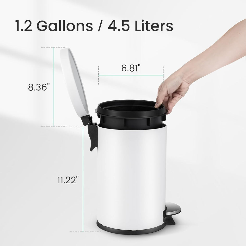 Cesun Small Round Bathroom Trash Can with Lid Soft Close, 1.2 Gal, White
