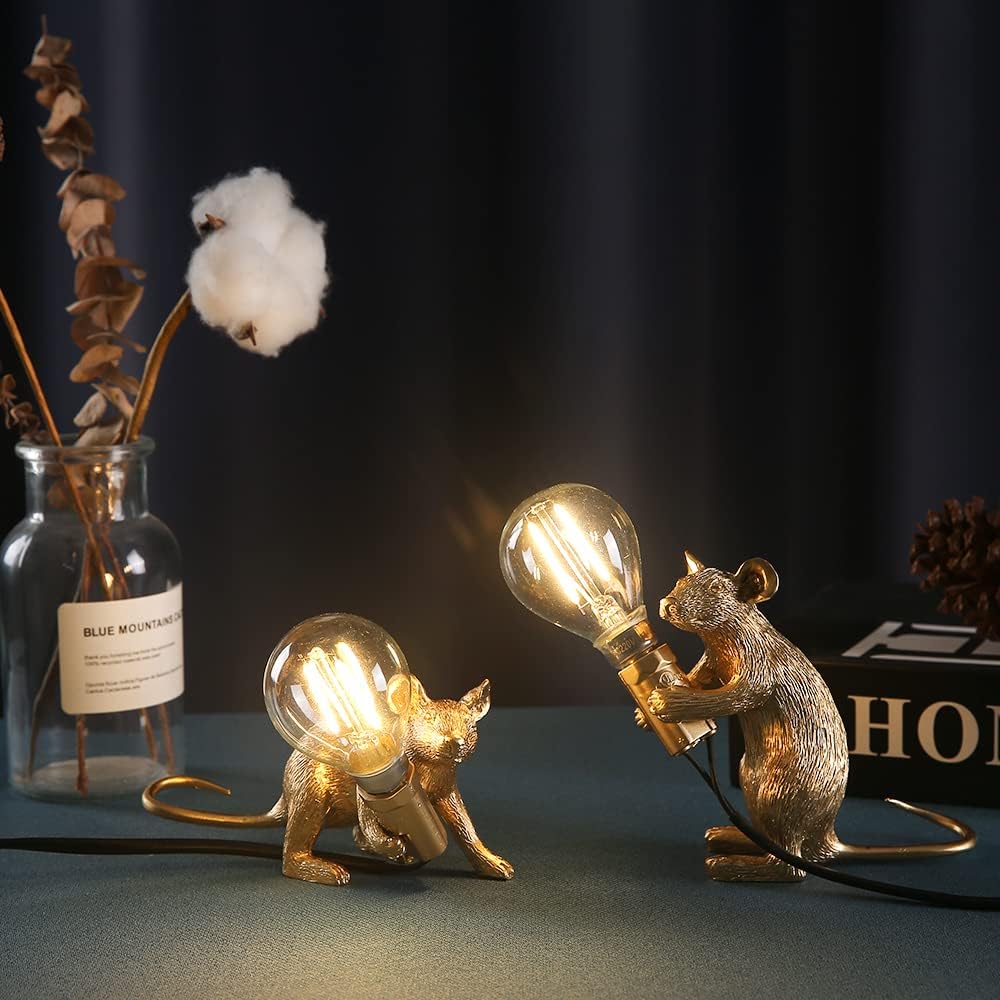 NorDiem Cute Mouse Table Lamp, Gold Sitting Resin Animal Desk Light with E12 LED Bulb Included, Warm Glow Mini Bedside Lamp for Kids Bedroom Nursery Playroom Girls Boys Toddlers