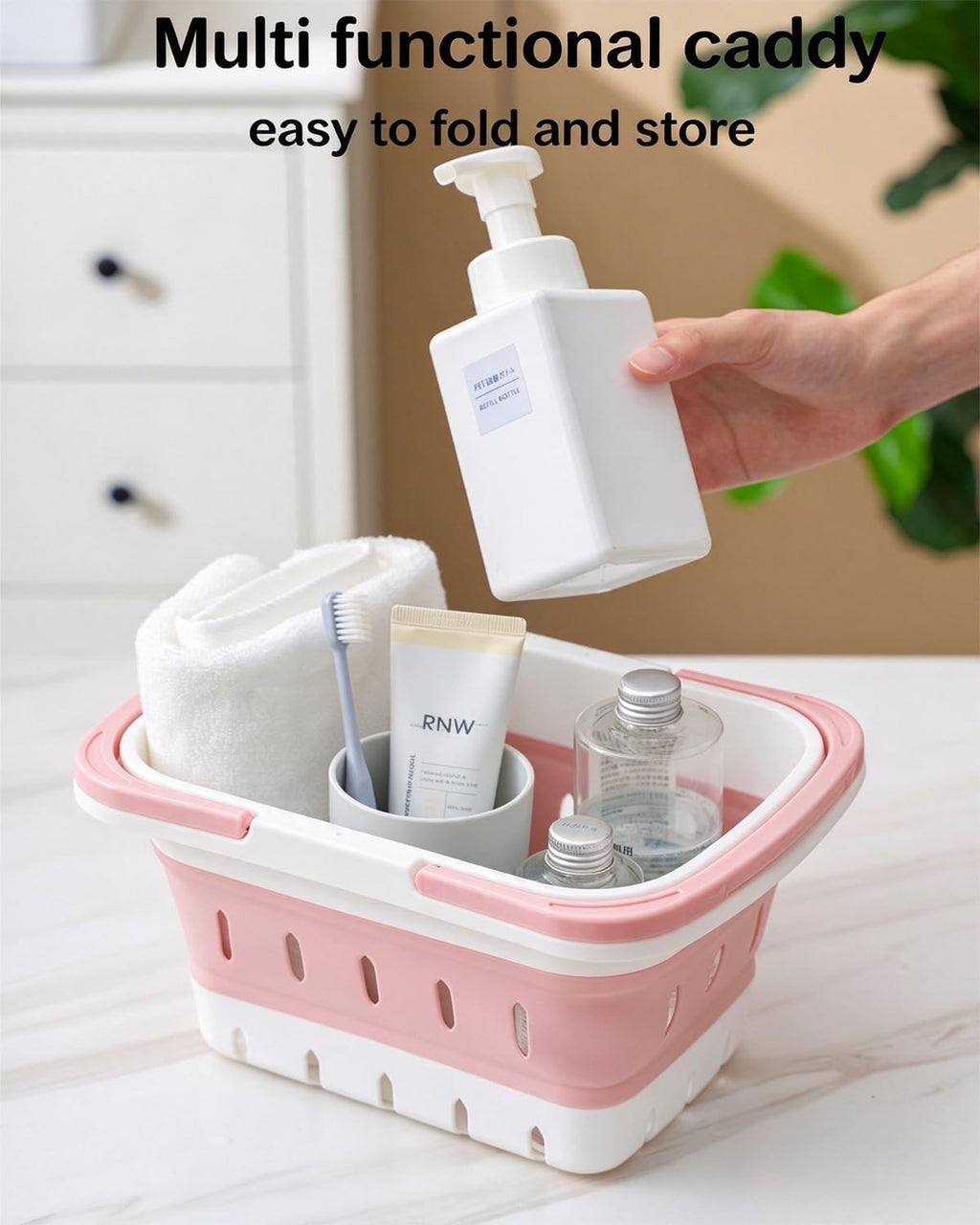 2 Pack Portable Shower Caddy Tote, Collapsible Plastic Storage Basket with Handles, Foldable Multifunctional Organizer for Bathroom, Kitchen, College Dorm, Gym, Travel and Camping, Pink