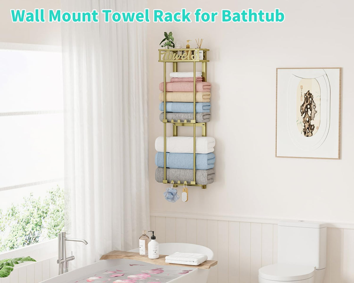 HapiRm Towel Rack Bathroom Storage - 3 Tier Over The Door & Wall Mounted Rolled Towel Racks Holder Organizer with Metal Shelf and 6 Hooks for Small Bathroom, Camper, Rv - Gold