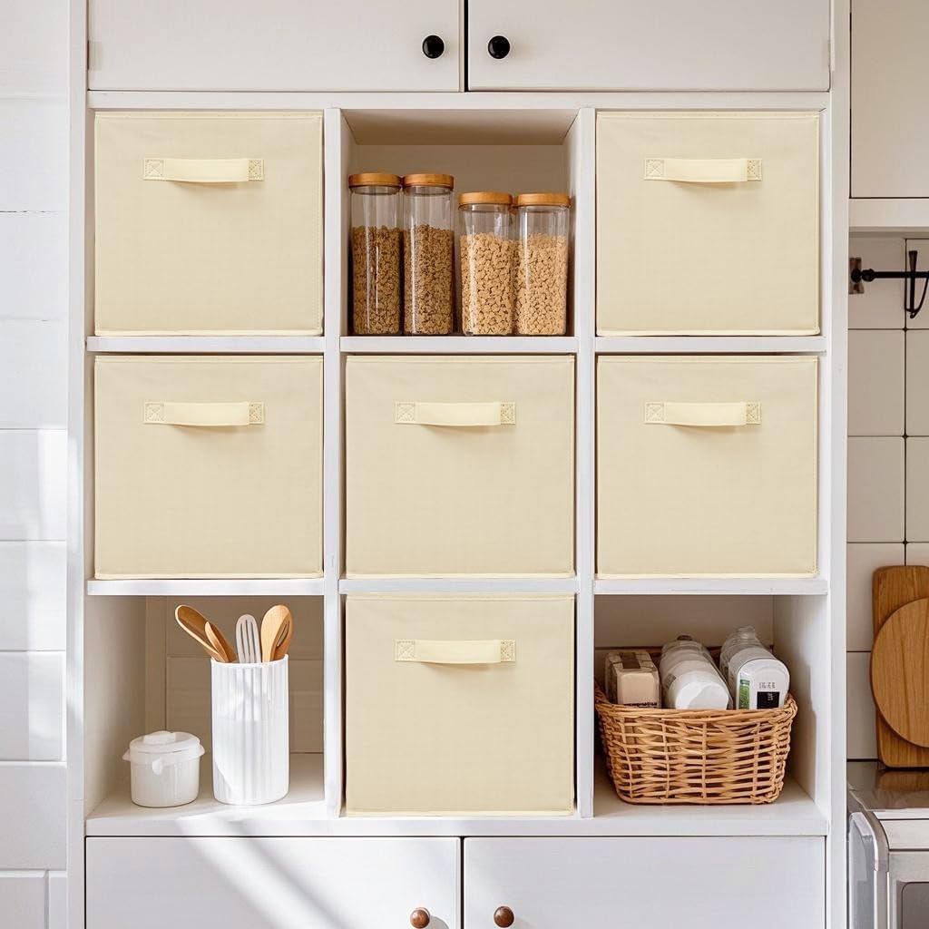 Storage Bins, 11 Inch Fabric Storage Cubes, Collapsible Cube Storage Box, Fabric Closet Organizers with Handle for Home, Office, Cabinet, Closets, Bedroom, Living Room, Beige, 20 Set