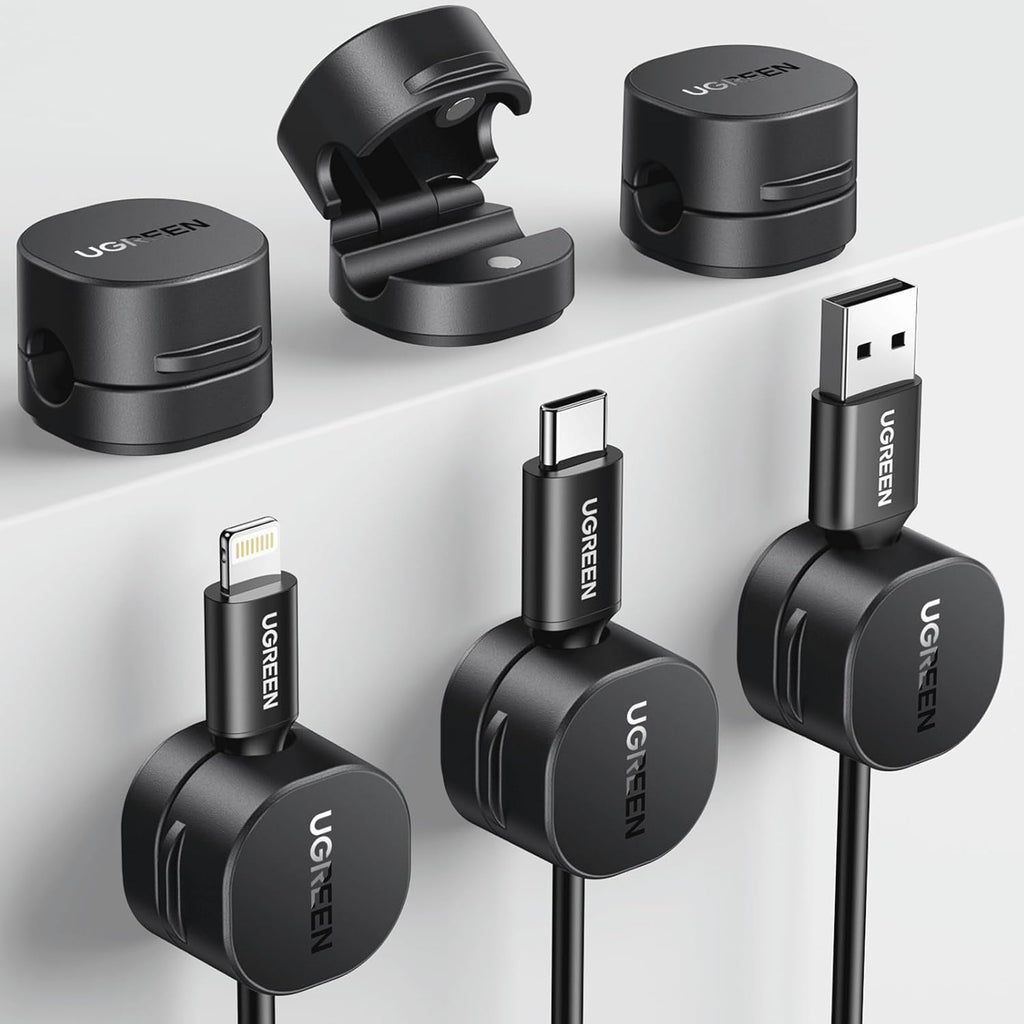 UGREEN Cable Organizer Clips, Adhesive Cable Management - 6-Pack Strong Magnetic Cord Holder for Desk to Keep Phone Charging Cables, Computer Cords, and Various Cord Organized for Nightstand, Black