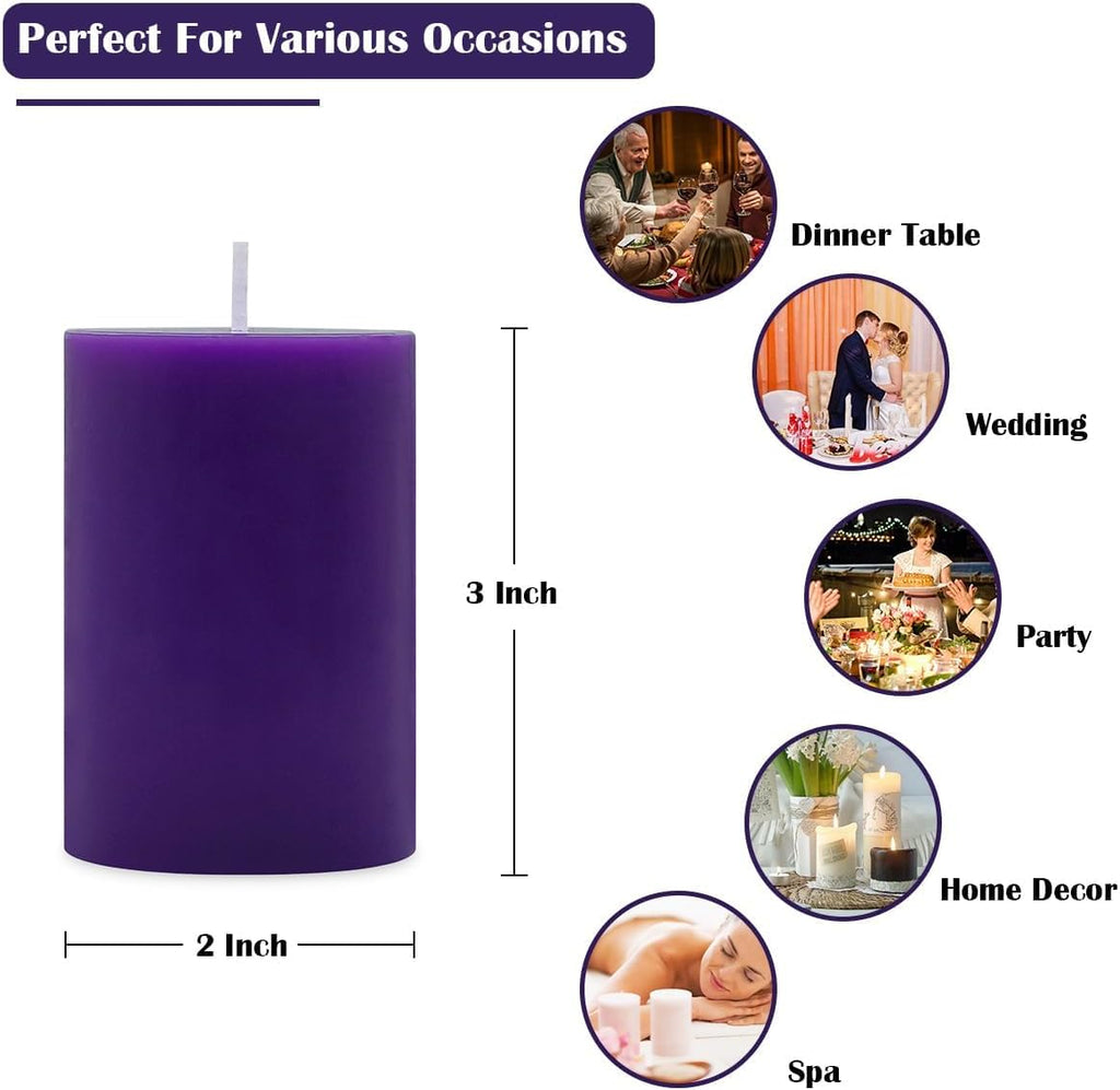 4 Packs 2x3 Inch Purple Pillar Candles, Unscented Small Dripless 24 Hours Solid Colored Column Cylinder Candles for Home Dinner Table Decoration