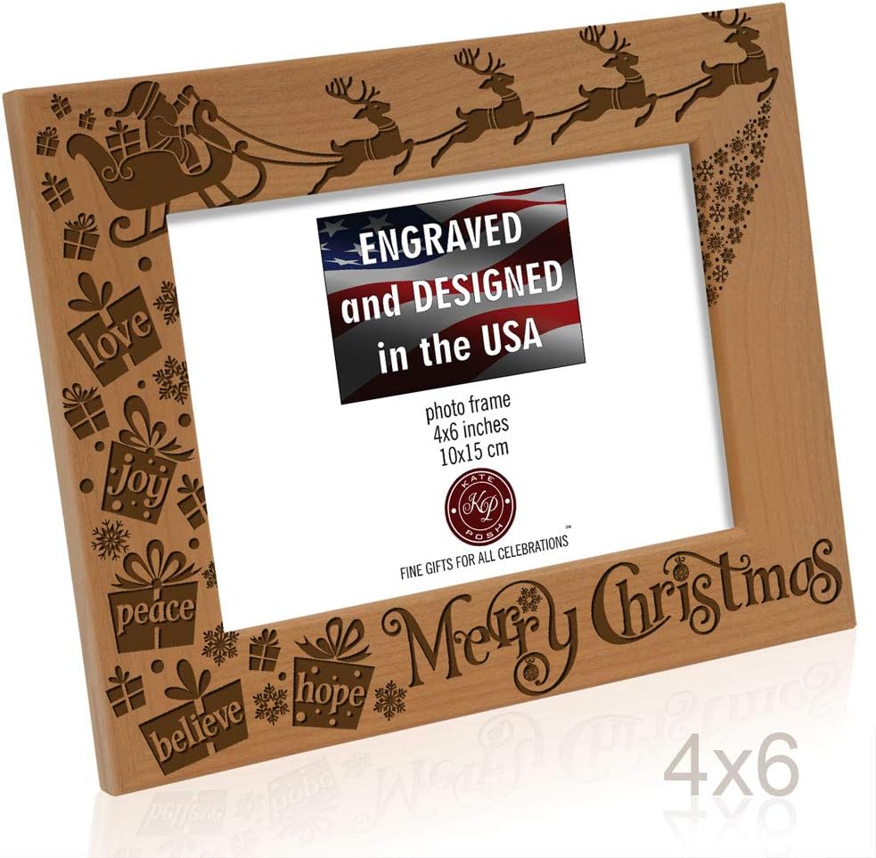 KATE POSH Merry Christmas Love Peace Joy Believe Hope, The Magic of Christmas Family Picture Frame. Santa, Reindeer and Sleigh Decor. Engraved Natural Wood Photo Frame (4x6-Horizontal)