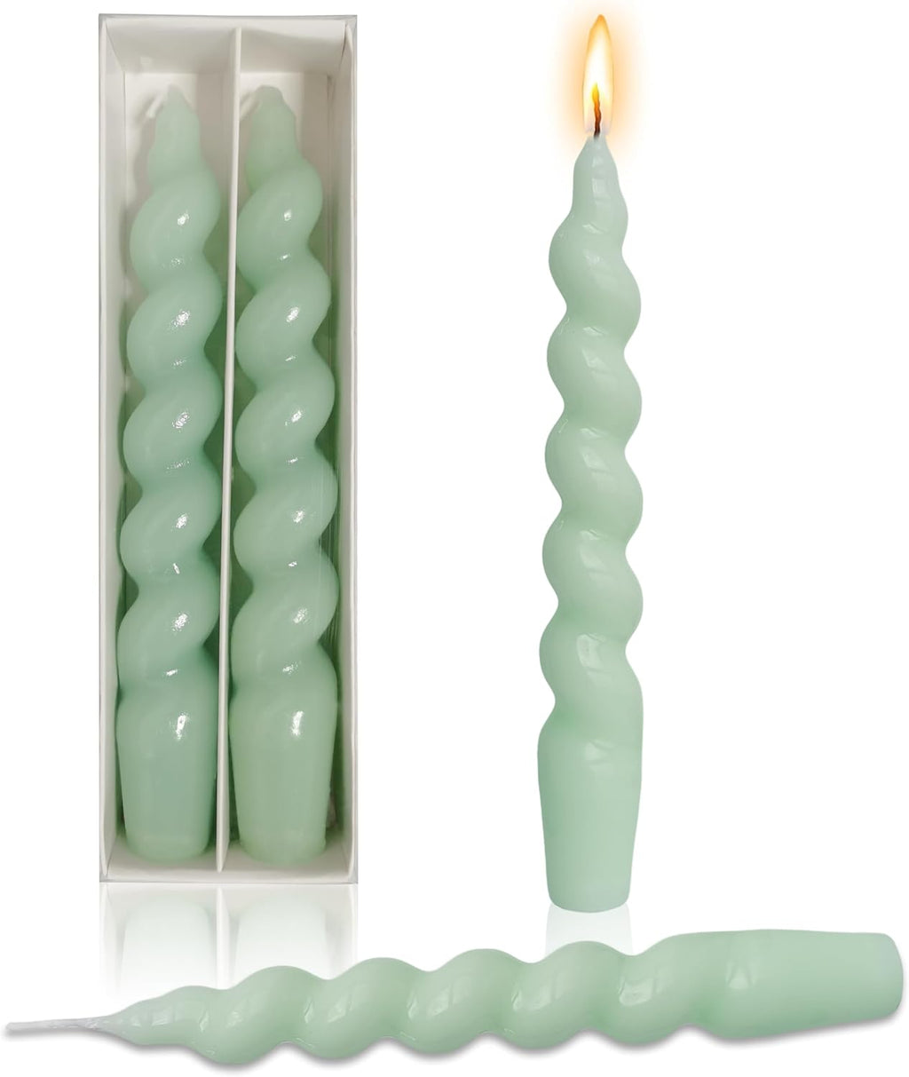 Light Green Spiral Taper Candles Set of 2, 7.5 Inch Unscented for Wedding